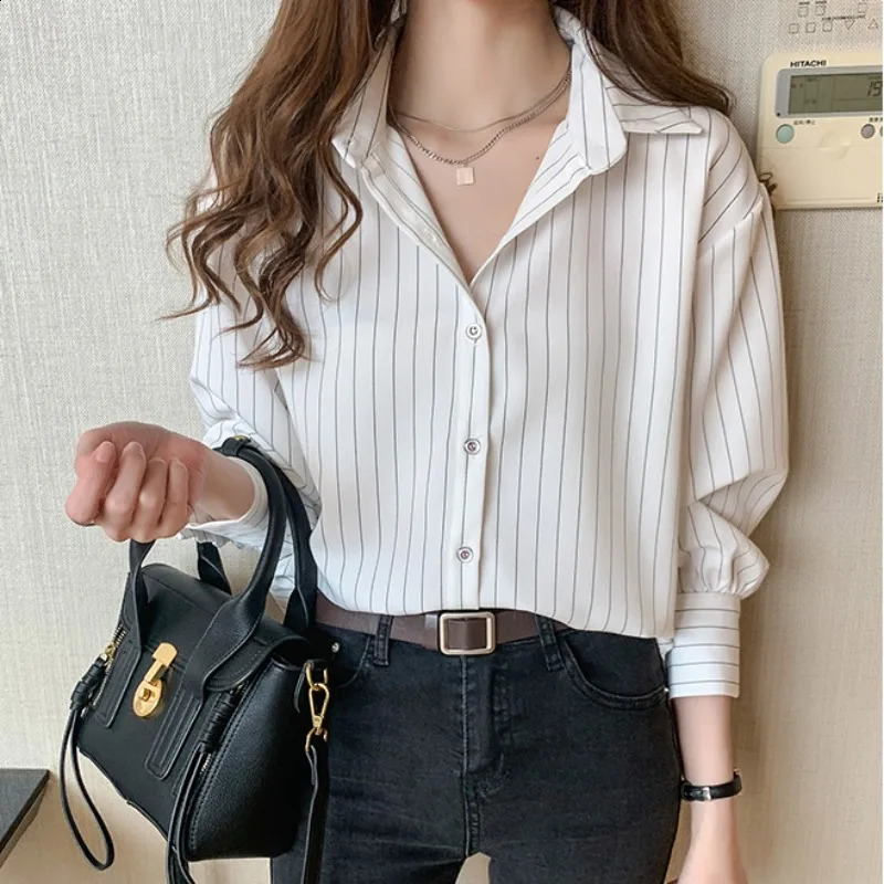Striped Shirt Women Summer Vintage Chic Loose Blouse Y2K Office Ladies Fashion Casual Turn Down Collar All Match 250823