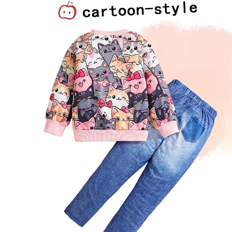 Kids Girls Trendy Cartoon Cat Graphic Long Sleeve hoodie with Matching Jeans Two-Piece Outfit for Fall/Spring - KJ1C4898A