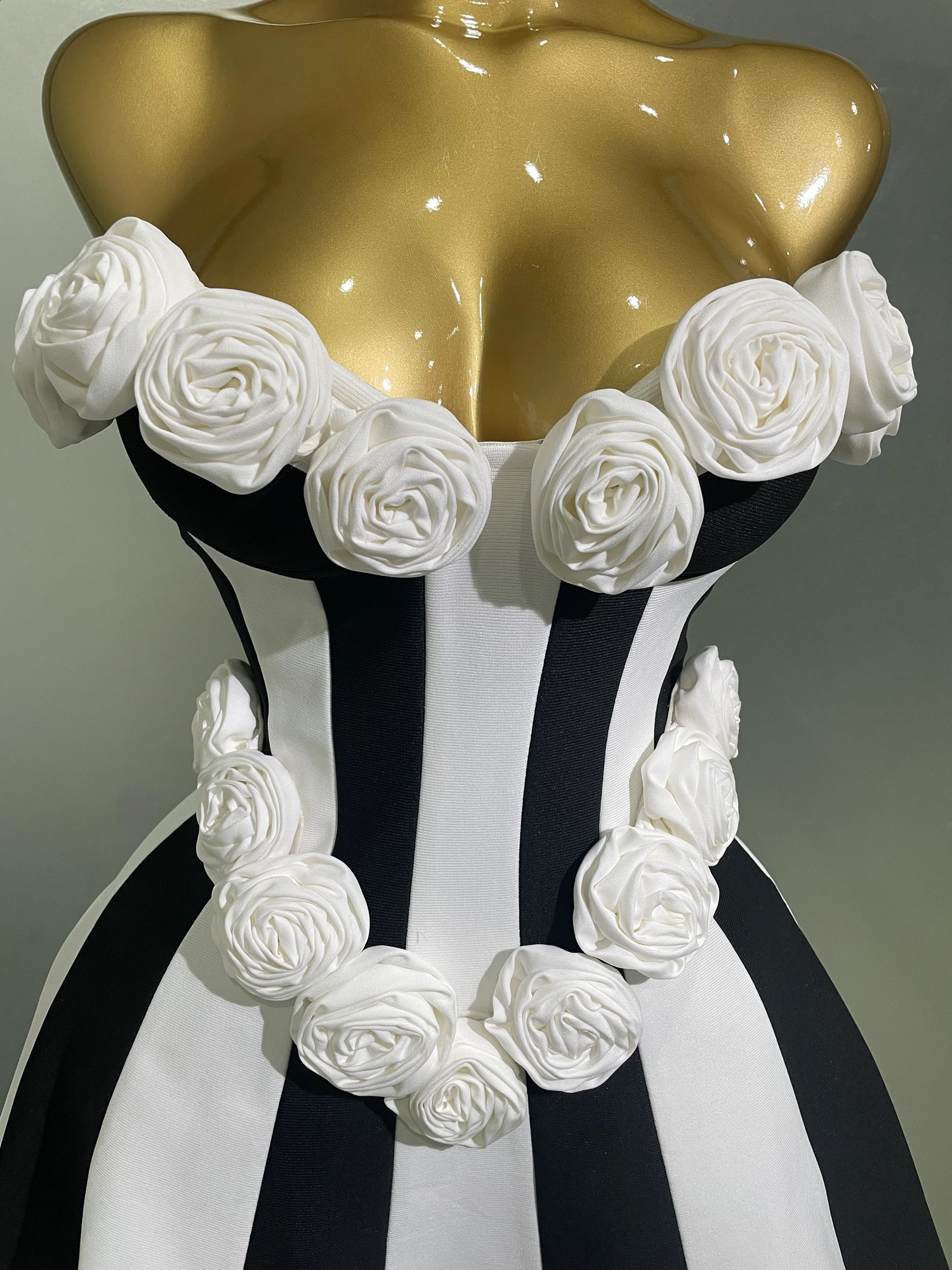 Women Flower Decoration Strapless Black White Stripe Bandage Short Dress Cocktail Party Elegant Evening Club 250823