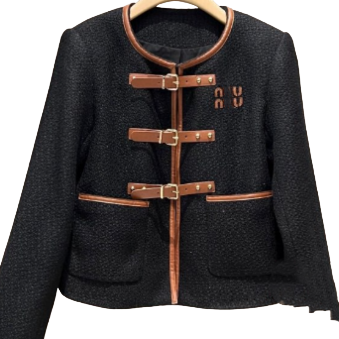 Mu* woven dress jacket, imported woolen weave, high-quality texture, leather logo patch decoration, short round neck, must-have for autumn and winter,