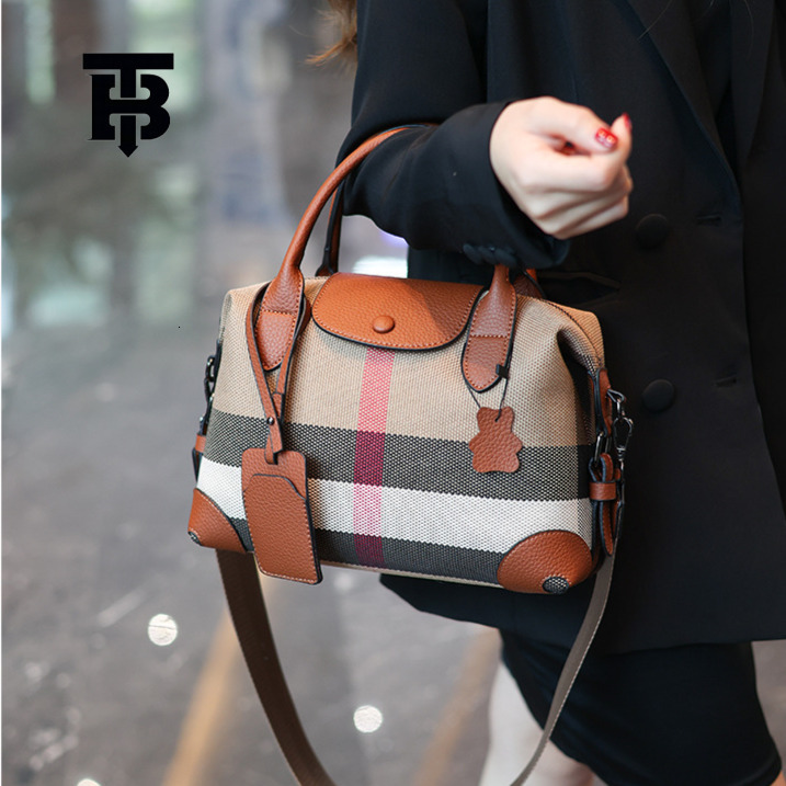 TB BHULAMTE Free Shipping Designer Luxury Women's Plaid Canvas Leather Splicing Versatile Handbag Fashion Flip Shoulder Crossbody Bag Shopping Ba