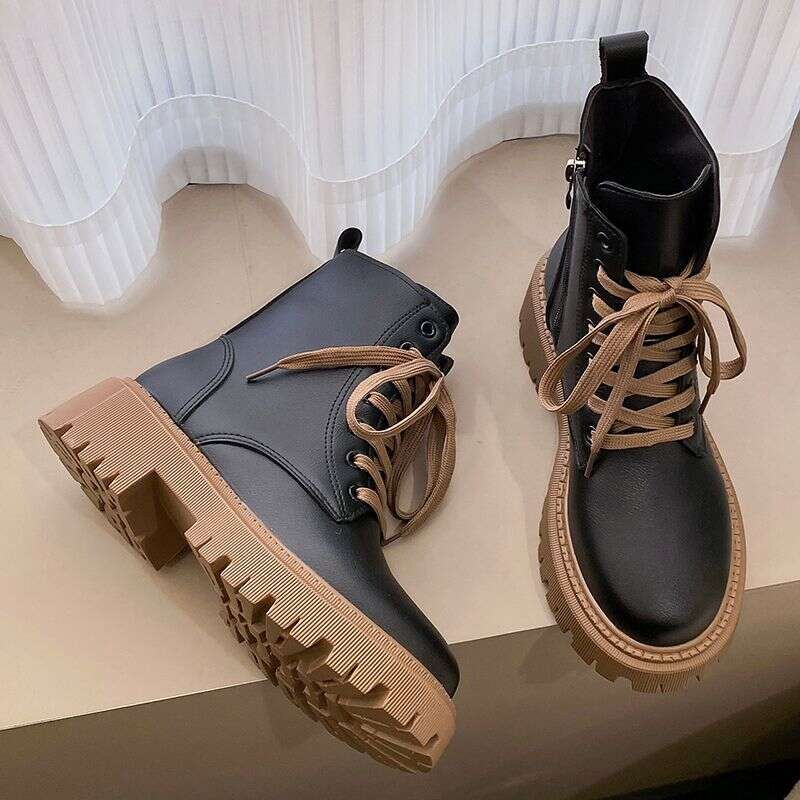 HZCL New Women's Autumn Single British-style Leather Platform Booties with Winter Fleece Warm White Boots