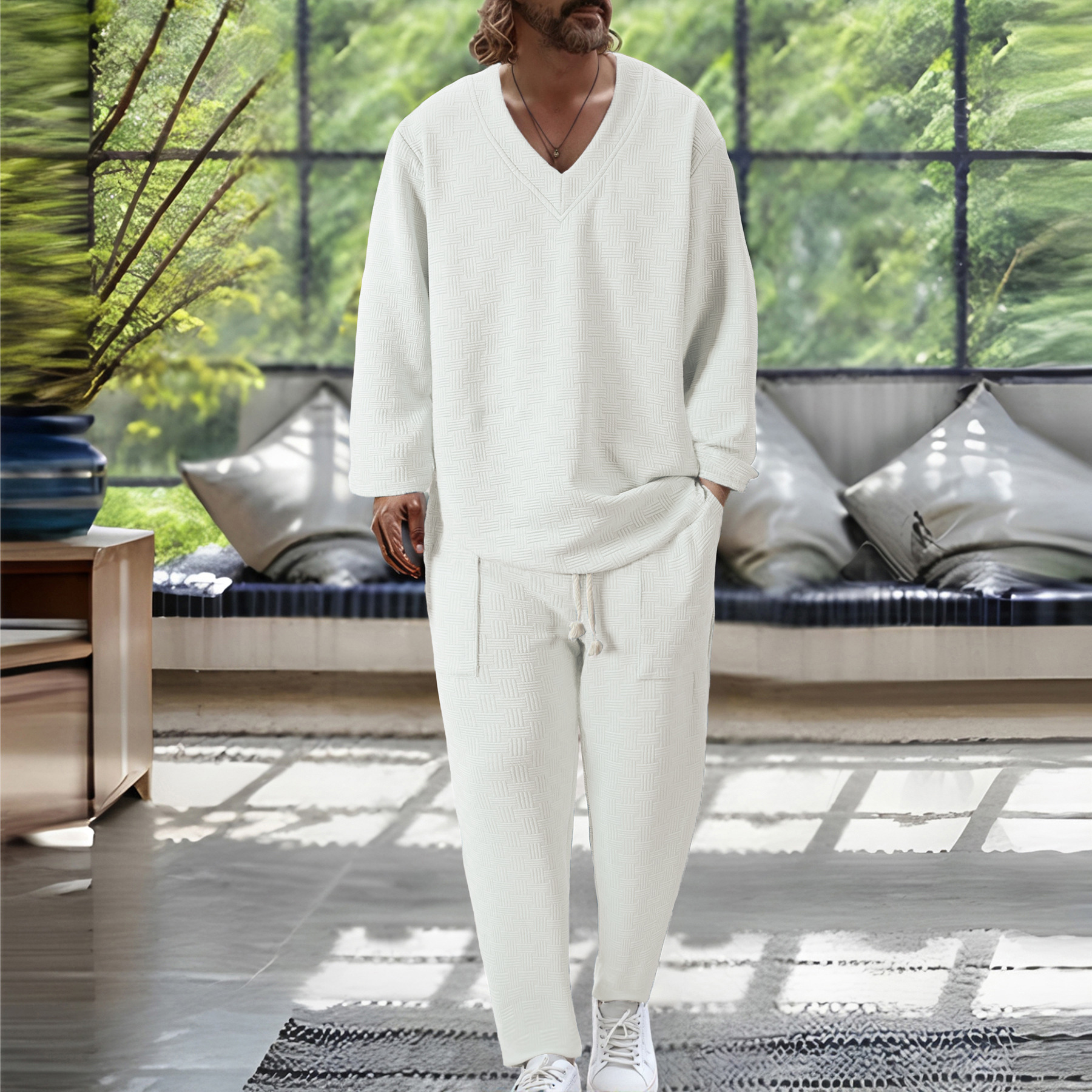 New Men Sportswear V Neck Suit Jacquard tracksuits Fashion Tracksuit Male Casual Sports Sets 2PC Jacket Pants Spring Autumn Running Clothing Tracksuit