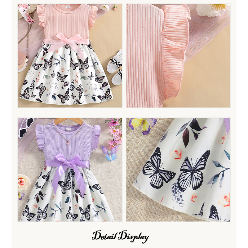 Summer Girls' Floral A-Line Dress with Frilly Sleeves Sweet Butterfly Knot Flower Print Tiered Dresses pink - KJC8847A