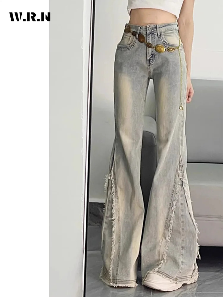 Vintage Casual Trashy Flared Pants Womens Y2K Tassels Full Length Denim Trouser Strt Retro Grunge 2000s High Waist Jeans Z260313