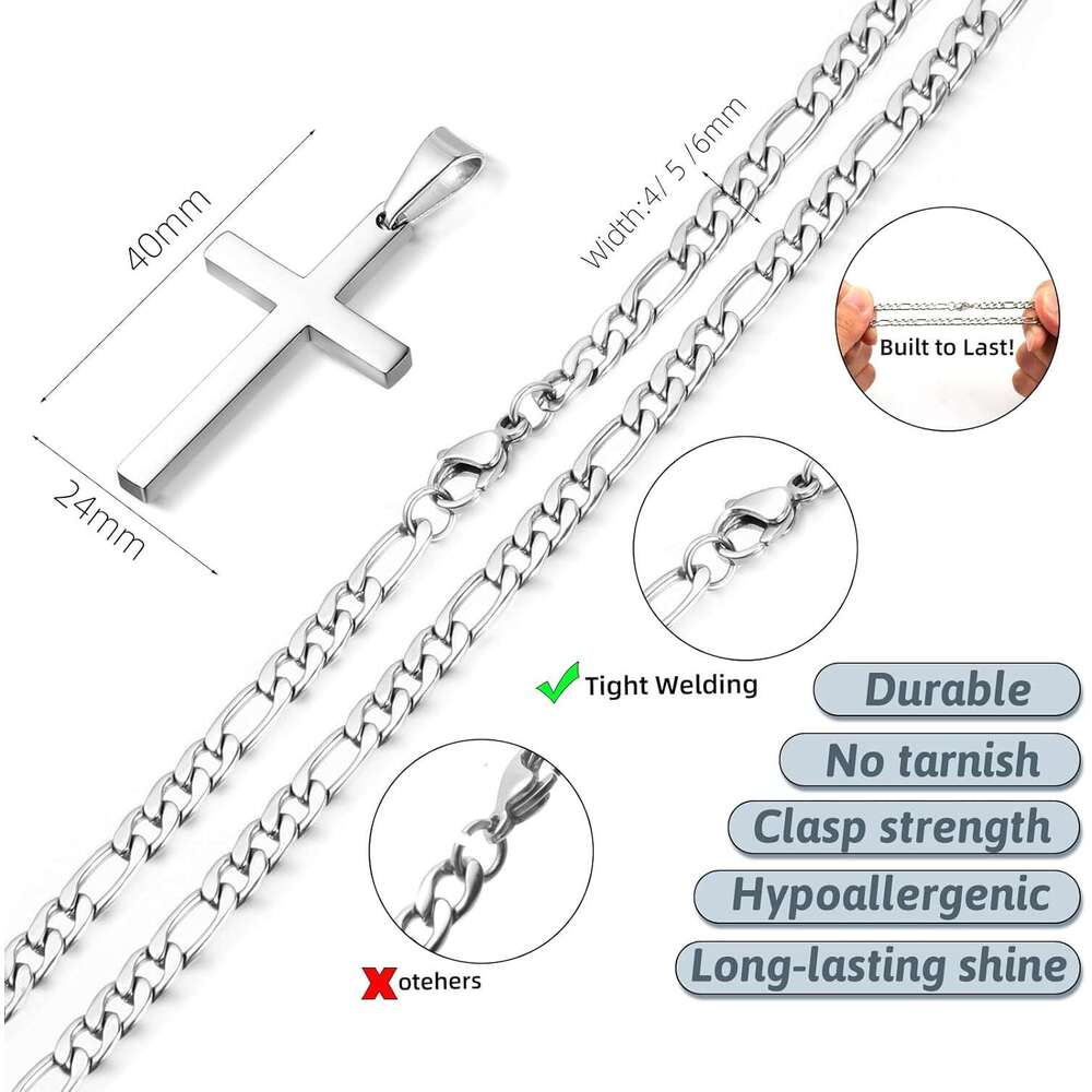 for Men - Stainless Steel Sier/Gold Plain Cross Pendant Necklace Simple Jewelry Gifts, 24 Inches 3:1 Figaro Link Chain 4/5/6mm Width