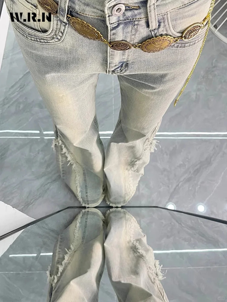 Vintage Casual Trashy Flared Pants Womens Y2K Tassels Full Length Denim Trouser Strt Retro Grunge 2000s High Waist Jeans Z260313