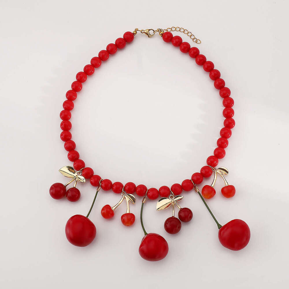 Cute summer beaded cherry pendant necklace Exquisite Luxury Necklace for Women Girl Jewelry Silver Pendant Necklaces Valentine's Day Birthday Gif