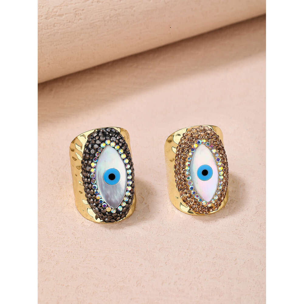 luxury Turkish Fashion Style Shell Eye Mud Inlaid Diamond Adjustable Electroplated Gold Personality Ring Turkish Eye bague