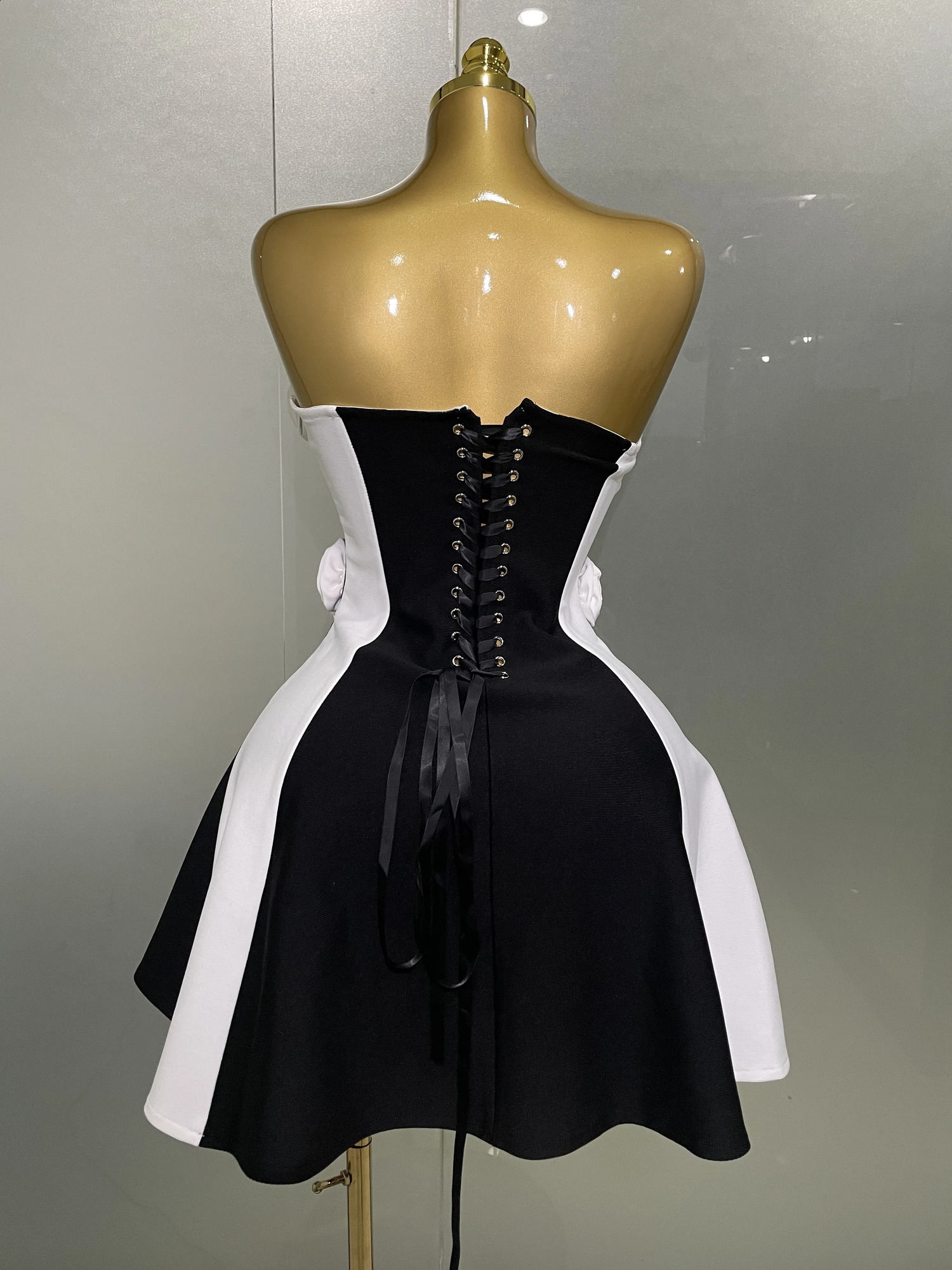 Women Flower Decoration Strapless Black White Stripe Bandage Short Dress Cocktail Party Elegant Evening Club 250823
