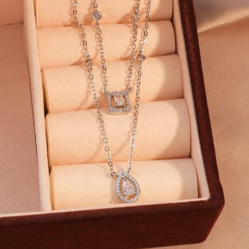 MT Luxury Fashion 925 Sterling Silver Pear-cut Emerald-cut Moissanite Diamond Double-layer Chain Necklace for Women Wedding Engagement Jewelry wholesa