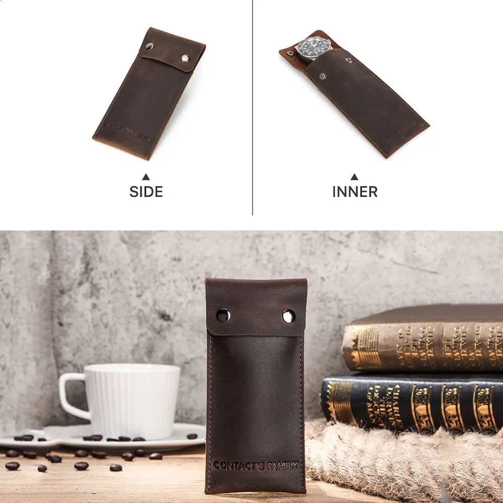 CONTACTS FAMILY Vintage Genuine Leather Watch Storage Organizer Protective Bag with Cover Travel Portable Leather Watch Pouch 250818