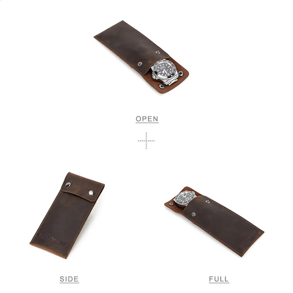 CONTACTS FAMILY Vintage Genuine Leather Watch Storage Organizer Protective Bag with Cover Travel Portable Leather Watch Pouch 250818