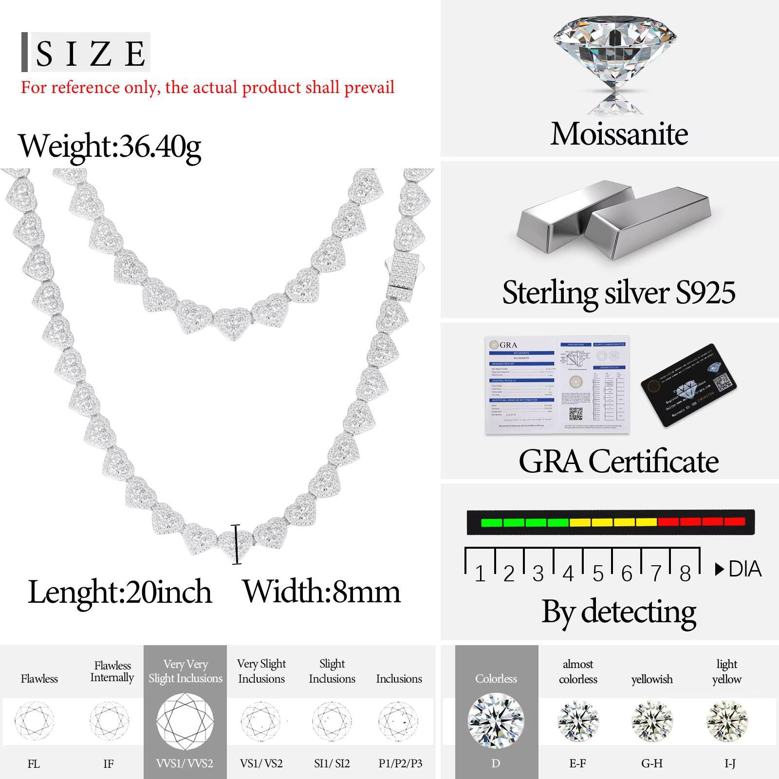 Luxury Party Jewelry 8MM Gold Plated 925 Sterling Silver VVS Moissanite Diamond Valentine Gifts Heart Tennis Chain Necklace