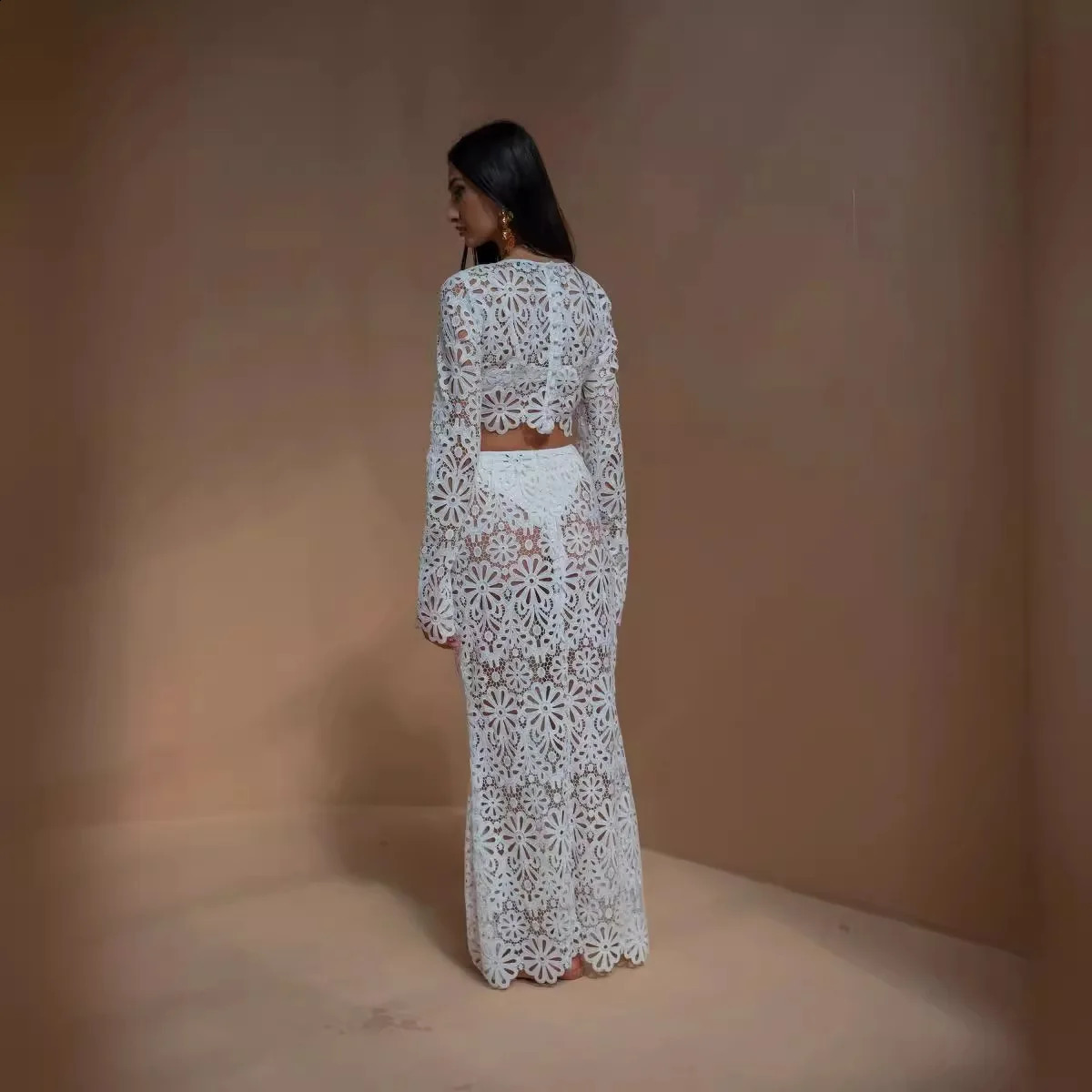 Spring Lace Women Skirt Suits Sexy See Through Flower Crop Top High Waist Mermaid Maxi Skirts Summer Chic Female Suits 250823