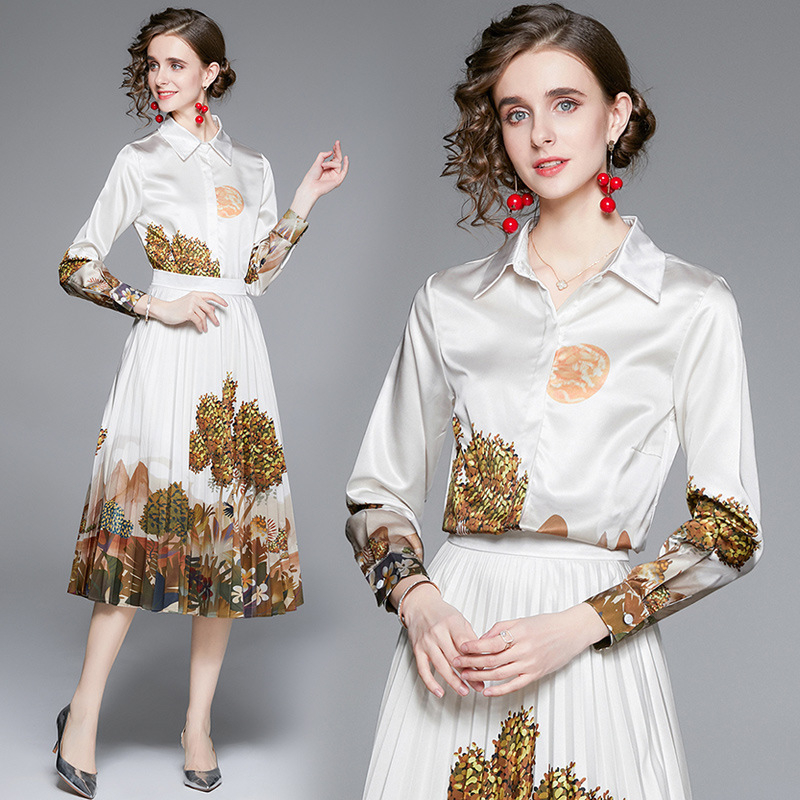 free shipping designer dresses Autumn light luxury fashion set high-end printed loose shirt pleated skirt two-piece set