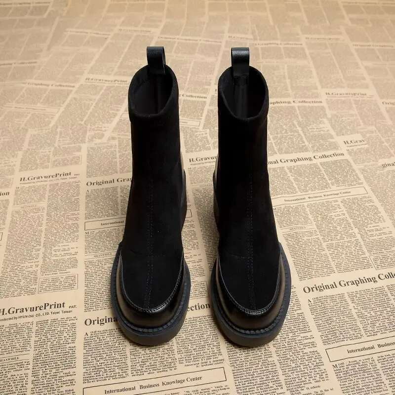 Short Shoes for Woman Black Women's Ankle Boots Sock Footwear Combat Booties Very High Heels Suede Punk Style Heeled