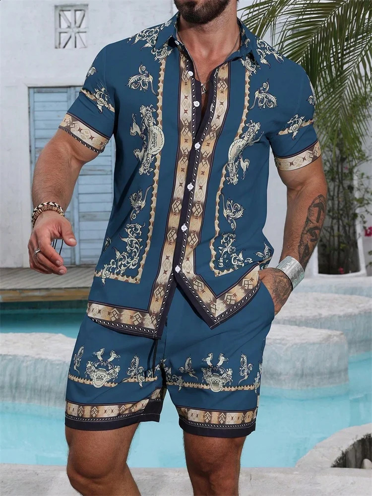2025 Mens Shortsleeved Shirt Set With Blue Retro Pattern Print For Casual Fashionable And Daily Summer Vacation 250823
