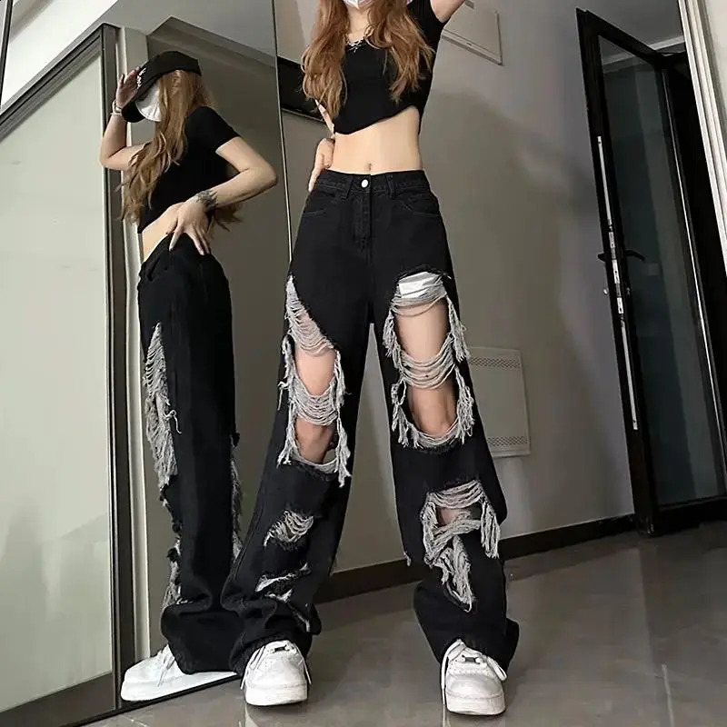 Y2k FrontRear Hole Jeans AllMatch Distressed Women High Strt Hip Hop Waist Straight Loose Trousers Z260313