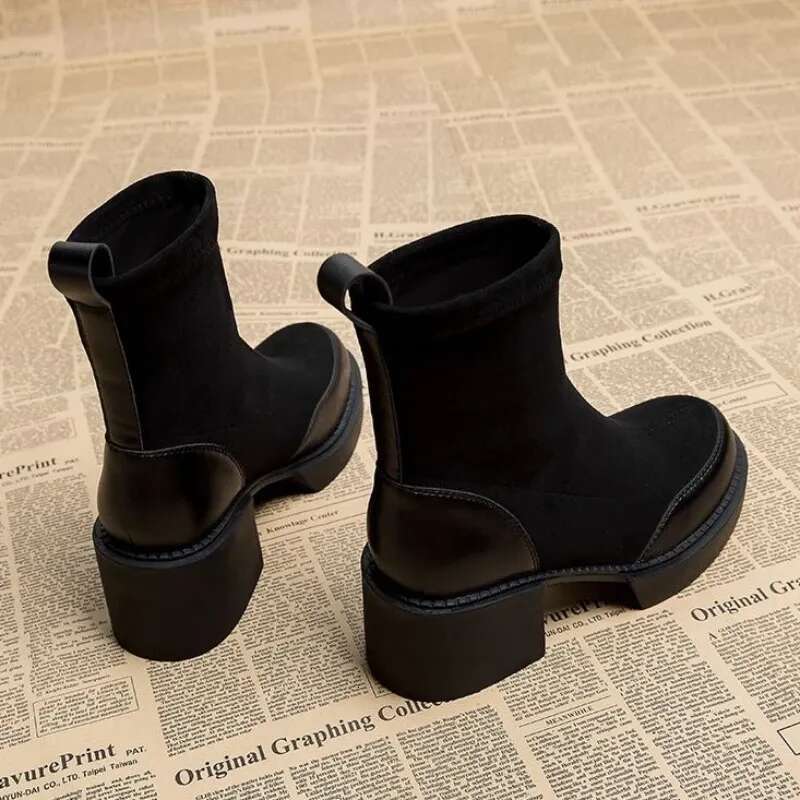 Short Shoes for Woman Black Women's Ankle Boots Sock Footwear Combat Booties Very High Heels Suede Punk Style Heeled