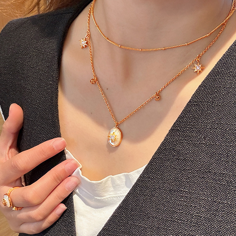 Real Gold Plated Dia Inlaid Mother-of-Pearl Oval Necklace Light High-End Clavicle Chain Palace Style Women's Jewelry - view 4