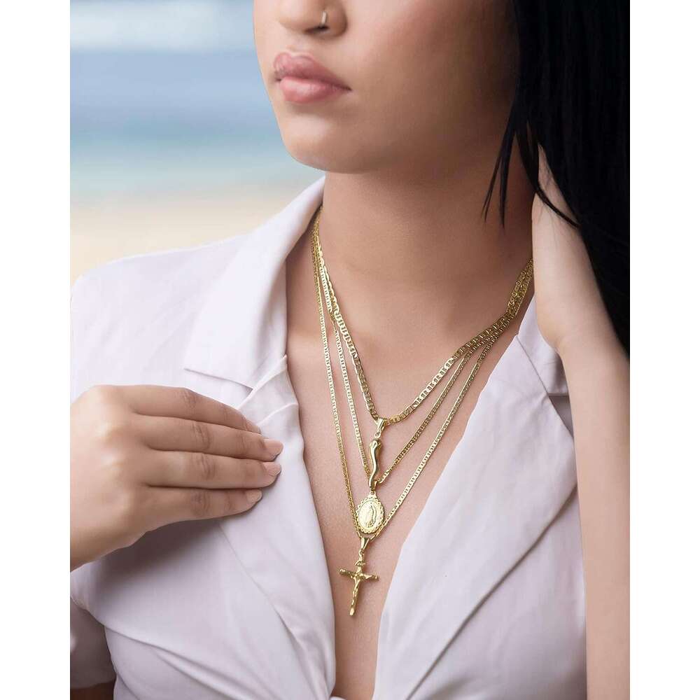 for Women & Men Gold Plated Flat Mariner/Marina 060 3MM Chain Necklace With Cross Pendant.