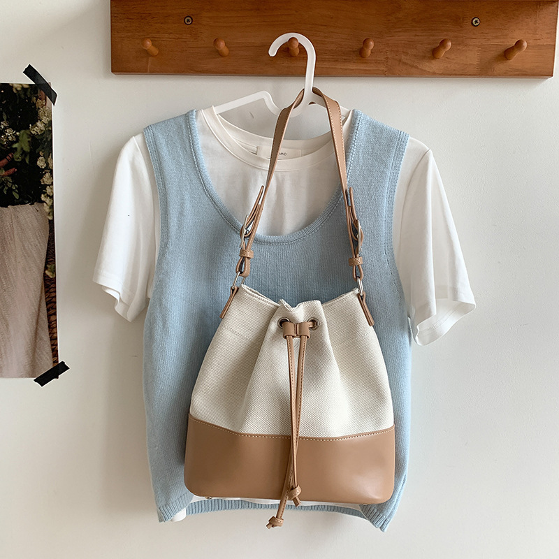 Korean Style Fashion Large Luxury Bag Capacity Canvas Patchwork Drawstring Bucket Designer Bag Bag Women's Versatile Casual Shoulder Bag Women�