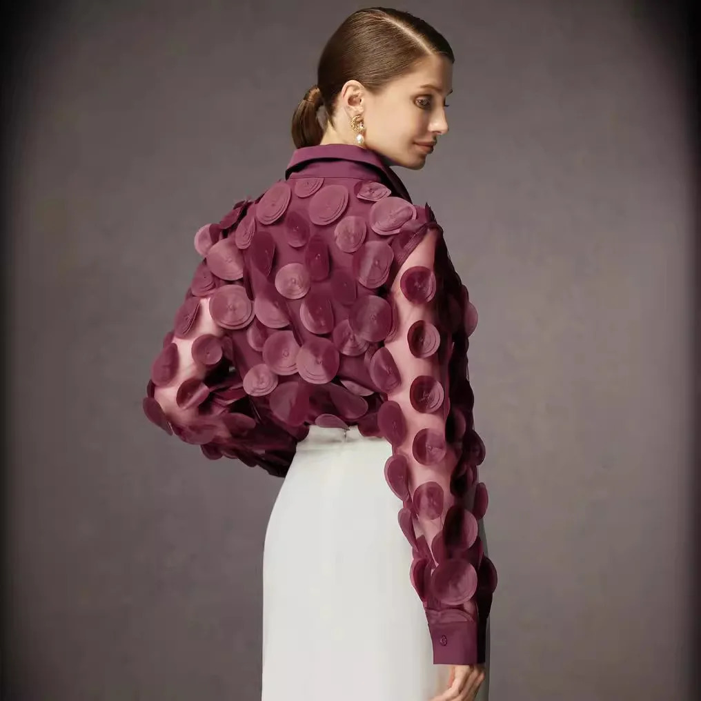 Spring Autumn Top For Women Elegant Three-dimensional Flowers Transparent Thin Chiffon Shirt Long Sleeve 250823
