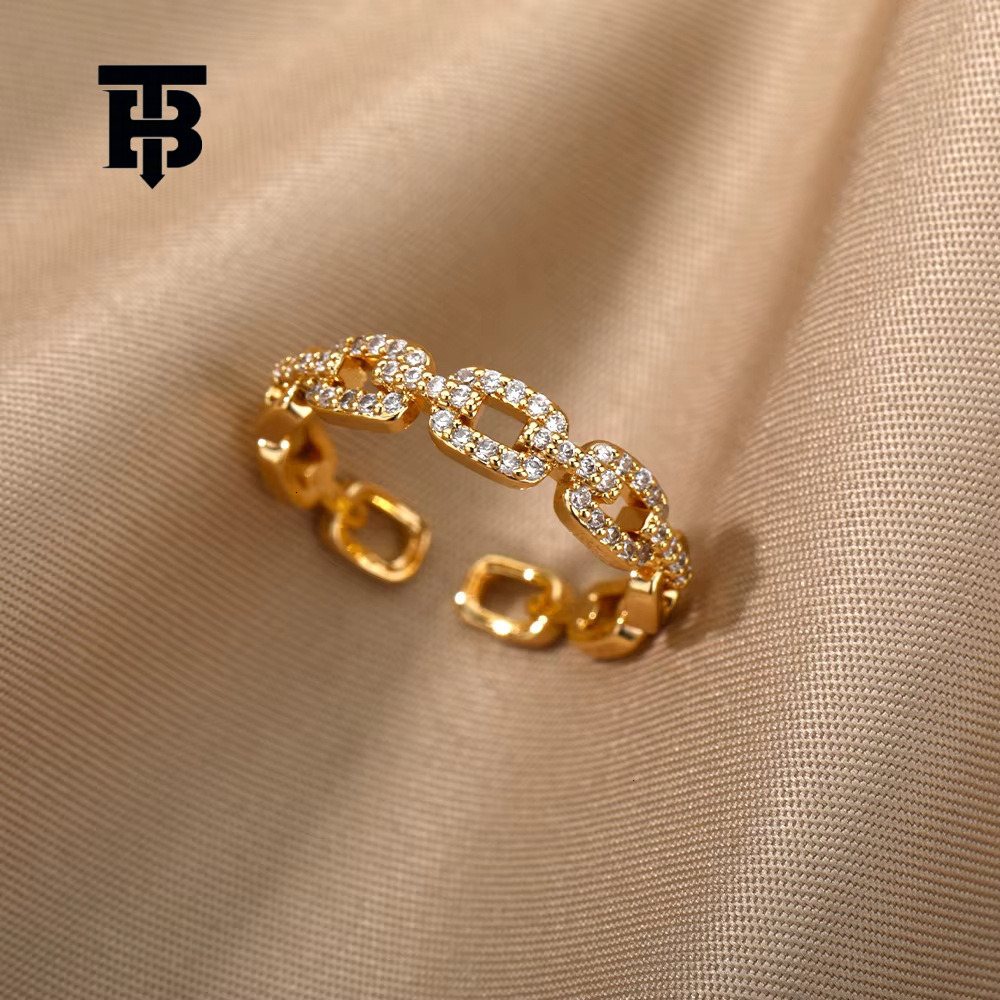 TB BHULAMTE European And American Fashion New Zirconia Inlaid Chain Geometric Ring 18K Light Luxury Designer Adjustable Open Women's Ring Jewelry