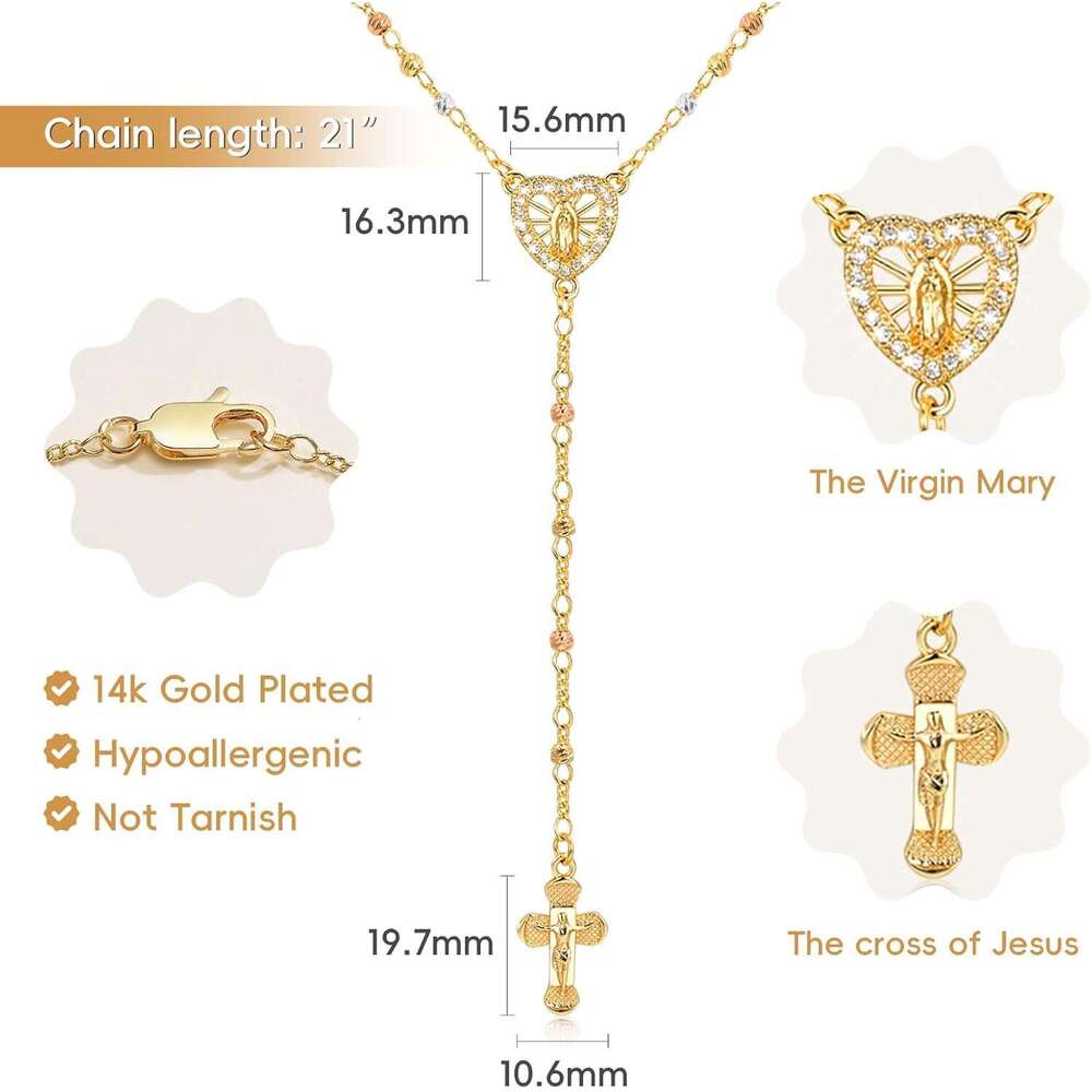 Women's Virgin Mary Necklace - 14k Plated Bead Cross Necklaces,Hypoallergenic Non Tarnish Gold Catholic Y Chain Necklace,Religious Rosary Beads C