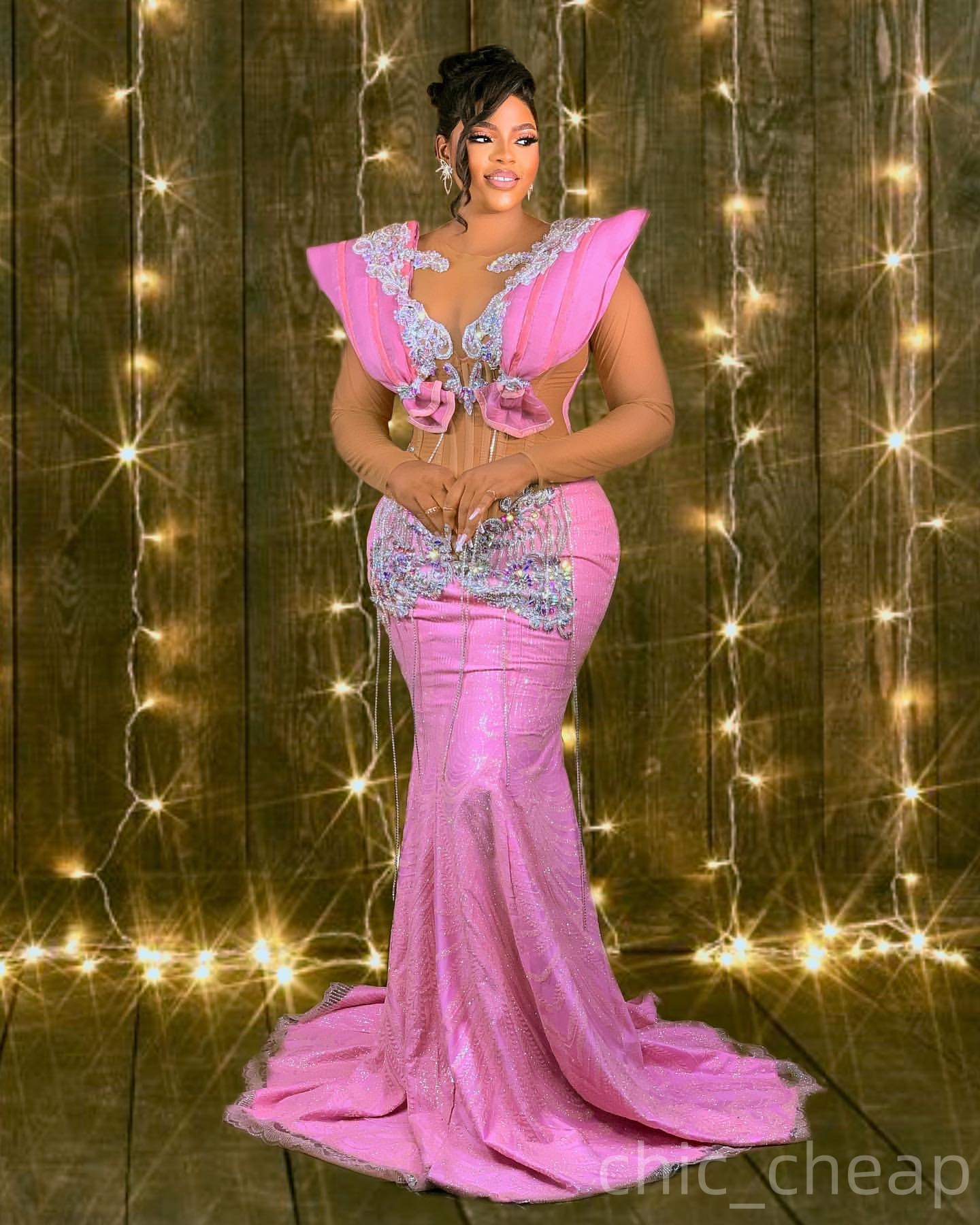 Mermaid Pink Prom Dresses 2025 Crystals Lace Illusion Full Sleeves Evening Formal Party Second Birthday Engagement Gowns Plus Size Dress For Special O