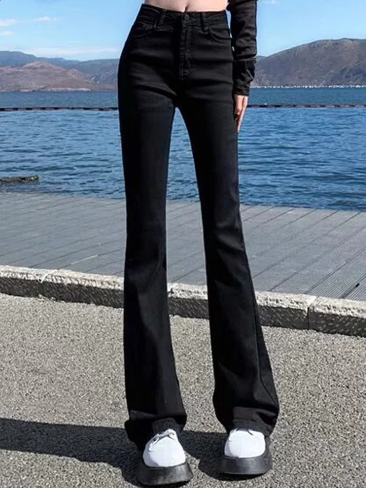 Women Korean Flare Jeans High Waist Elastic Boot Cut Pants Lady Vintage Blue Black Gray Brown Denim Bell Bottom Trousers Z260313