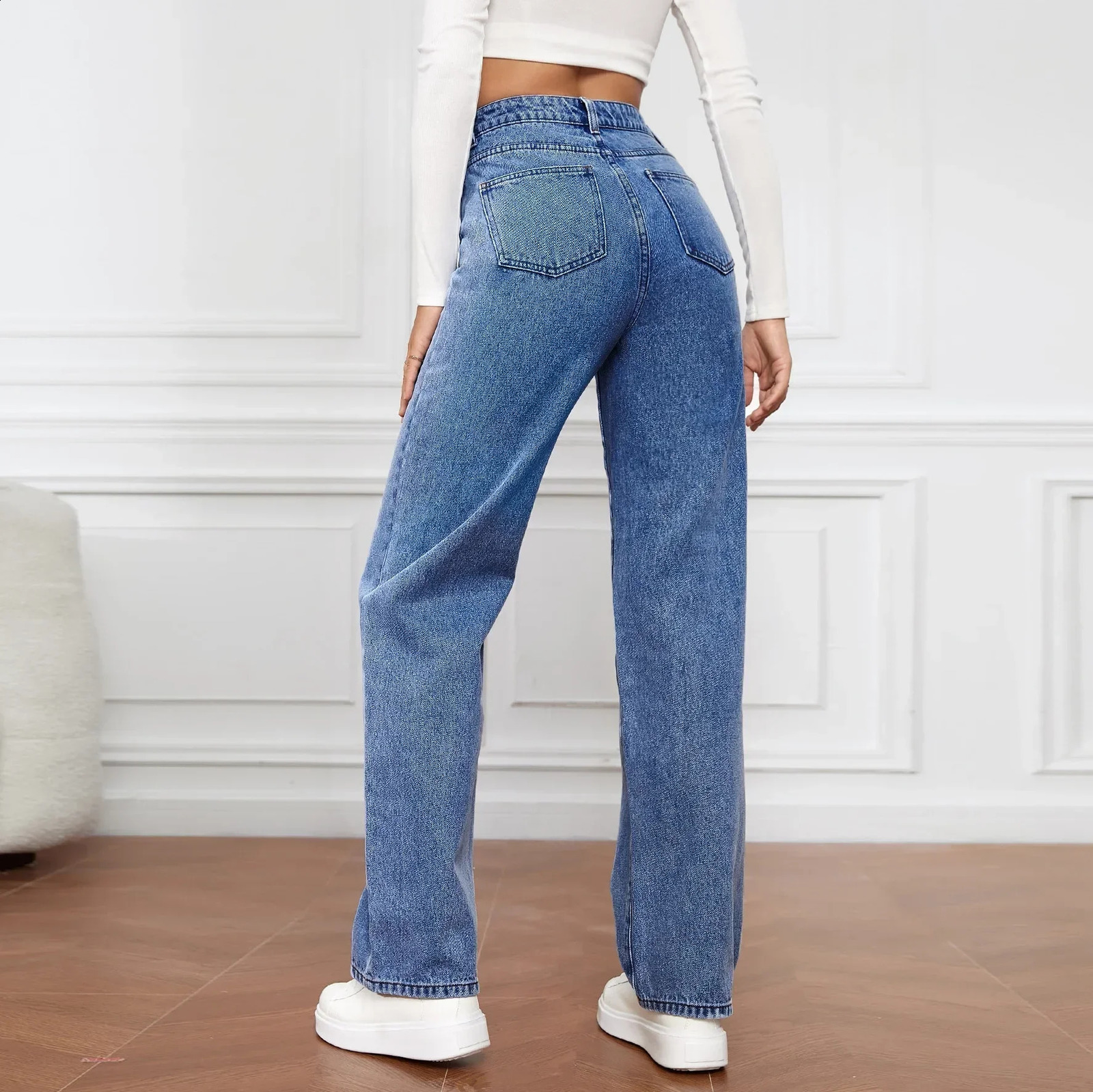 Denim Jeans Women Straight Pants Washing High Waist Loose Pockets Basics Ankle Length Y2k Blue Strtwear Slight Strech Z260313