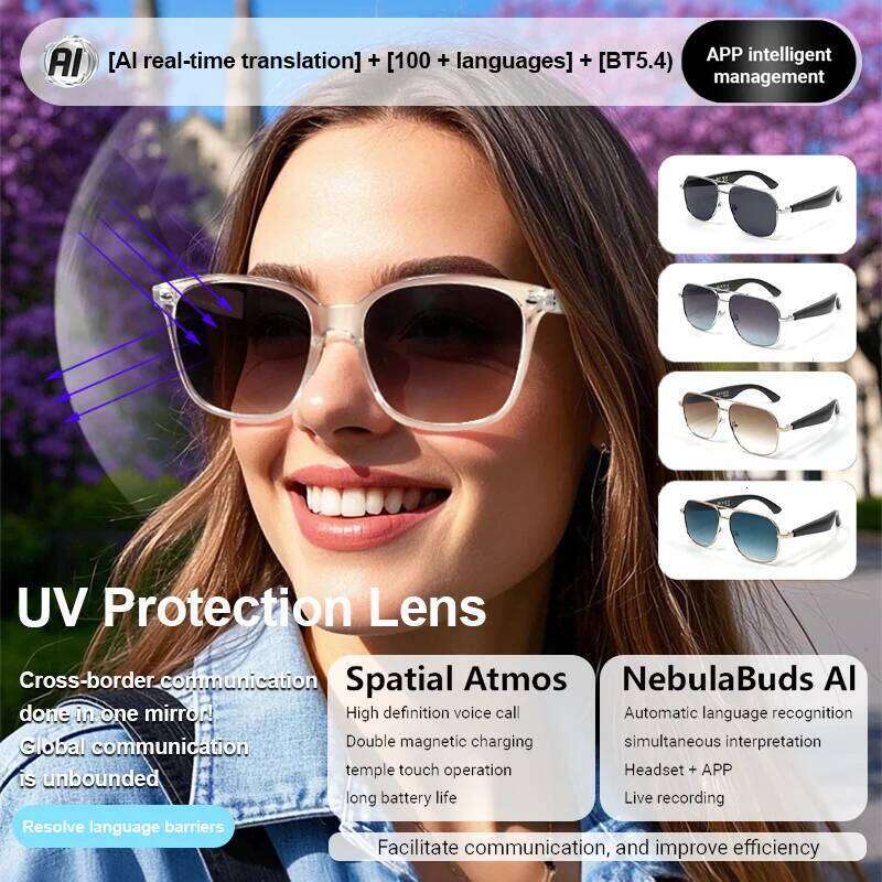 LIGE Fashion Smart Glasses AI Intelligent Real-Time Translation Bluetooth Sunglasses Outdoor Sports Earphone Call Music Eyewear