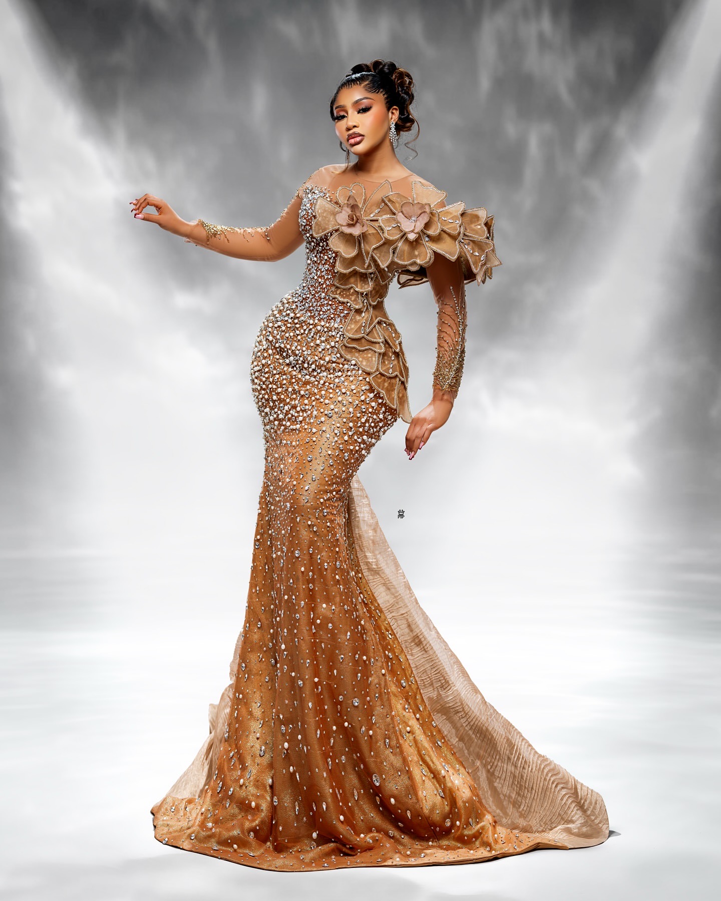 Mermaid Gold Prom Dresses 2025 Flowers Crystals Pearls Full Sleeves Evening Formal Party Second Birthday Engagement Gowns Plus Size Dress For Special 