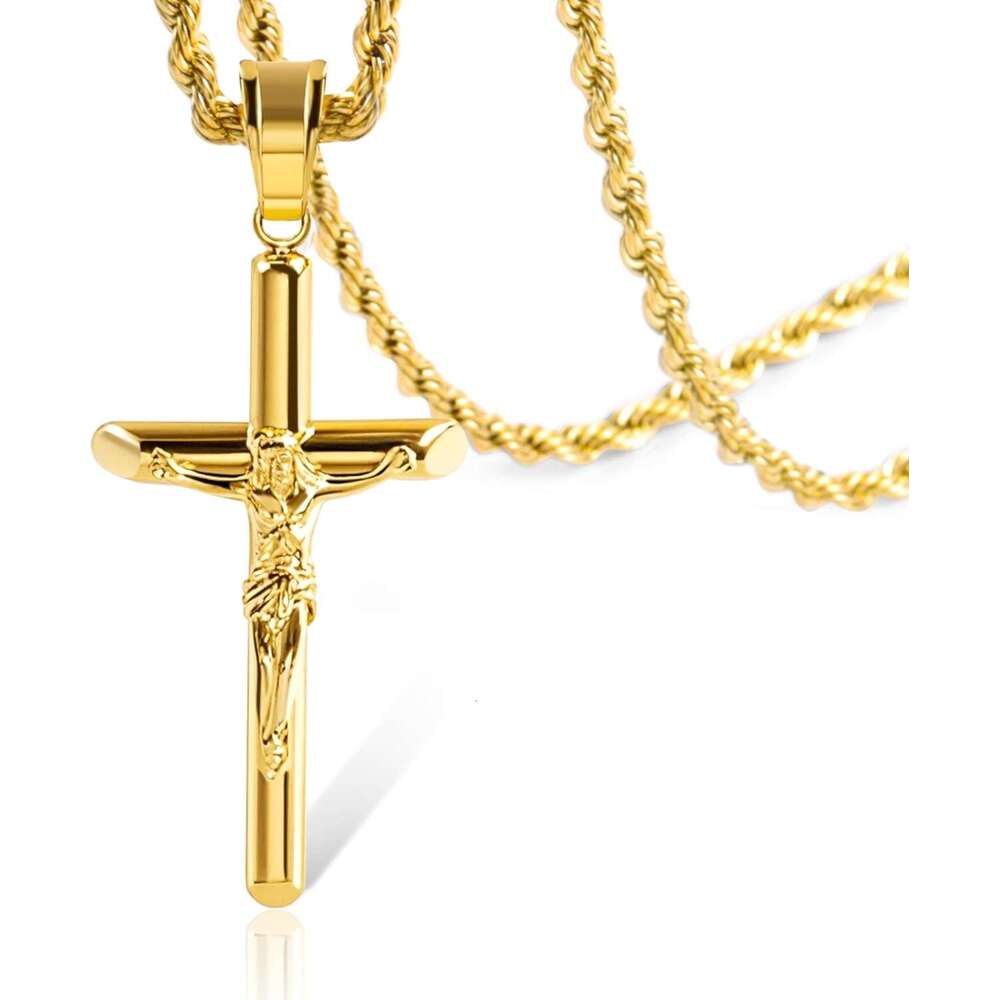 Sterling Sier Necklace Men Gold Plated Cross Necklaces for Women Trendy Stainless Steel Crucifix Pendant with 3mm 21inch Rope Chain