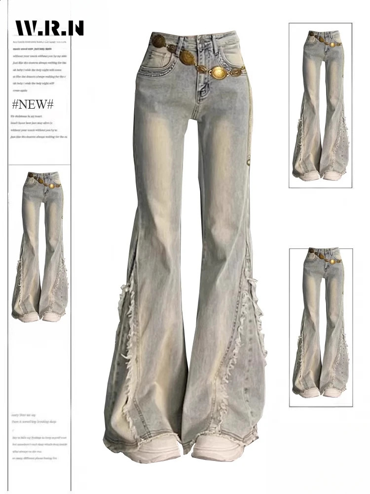 Vintage Casual Trashy Flared Pants Womens Y2K Tassels Full Length Denim Trouser Strt Retro Grunge 2000s High Waist Jeans Z260313