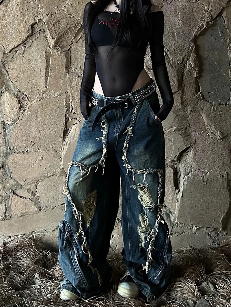 Women Black Gothic Cargo Jeans Harajuku Y2k Japanese 2000s Style Aesthetic Emo Denim Trousers Jean Pants Vintage Trashy Clothes Z260313