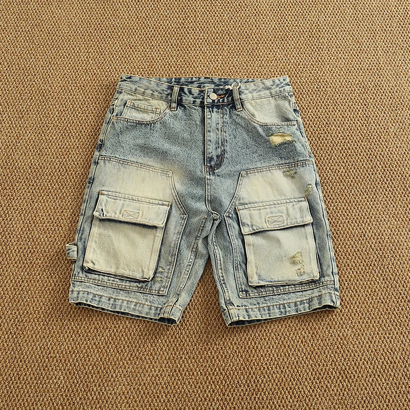 Summer denim medium pants fashion men high street trend fashion baggy multi-pocket cargo quarter pants 250823