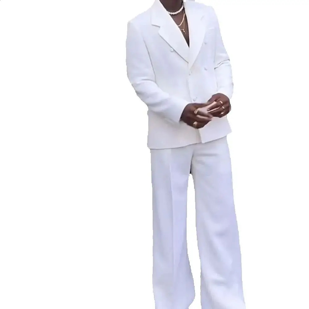 White Suits for Men Double Breasted 2 Pieces Jacket Pants Blazers Sets Smart Banquet Party Business Male Clothing y250823