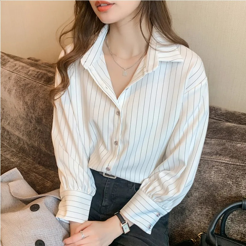 Striped Shirt Women Summer Vintage Chic Loose Blouse Y2K Office Ladies Fashion Casual Turn Down Collar All Match 250823