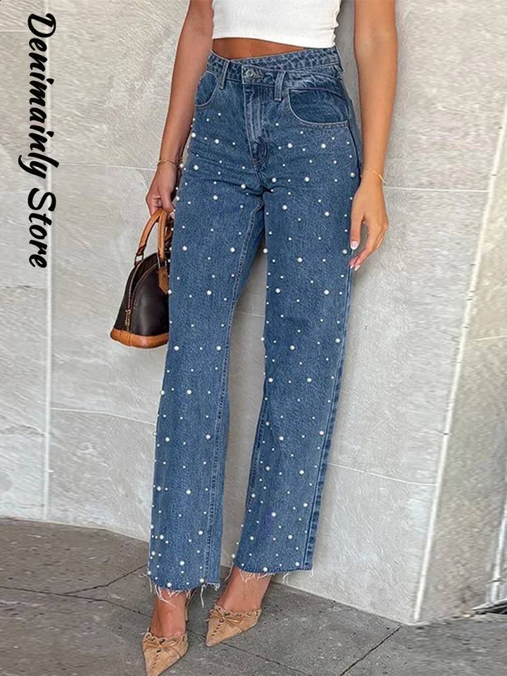 Fashion Full Pearl High Street Woman Jeans Crossed Waist Denim All Match Straight Trousers Rough Selvedge Sweet Girls Pants Z260313
