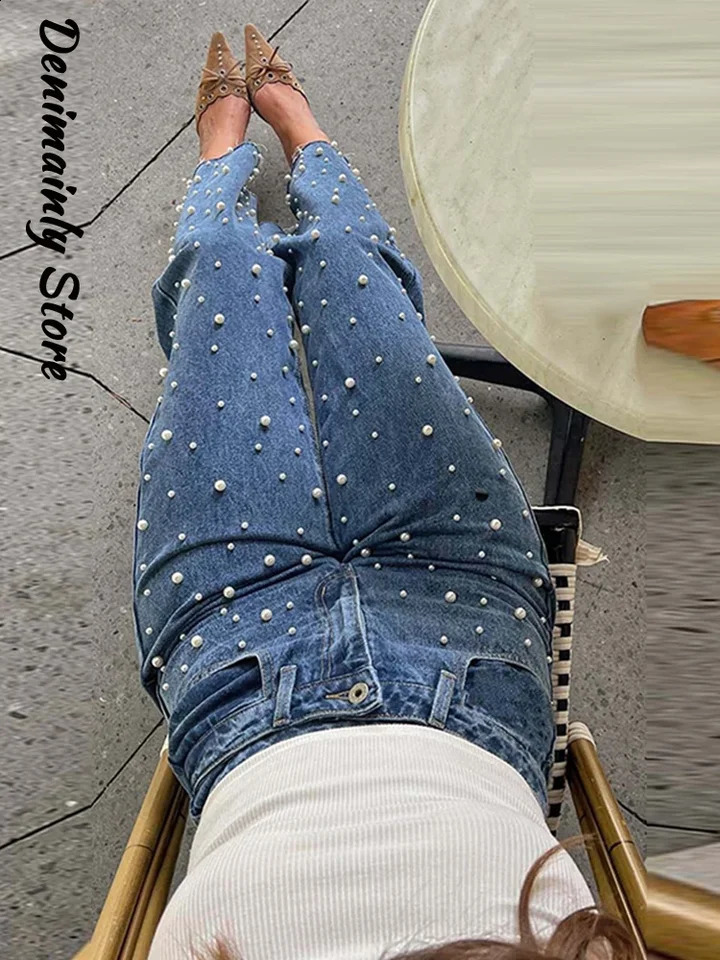 Fashion Full Pearl High Street Woman Jeans Crossed Waist Denim All Match Straight Trousers Rough Selvedge Sweet Girls Pants Z260313