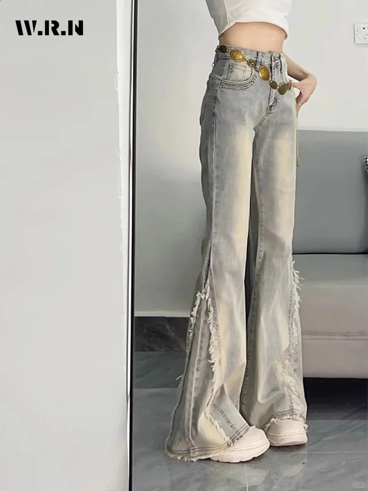 Vintage Casual Trashy Flared Pants Womens Y2K Tassels Full Length Denim Trouser Strt Retro Grunge 2000s High Waist Jeans Z260313