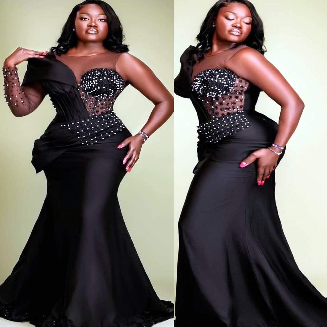 Mermaid Black Prom Dresses 2025 Pearls Beaded Satin Sheer Neck Evening Formal Party Second Birthday Engagement Gowns Plus Size Dress For Special Occas
