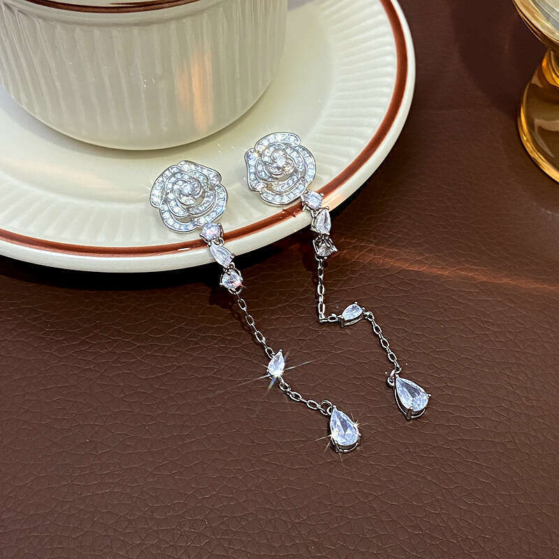 light luxury silhouette long style love rose flowers tassel earring sterling silver camellia flower earrings for women luxury rose gold zircon ear rin