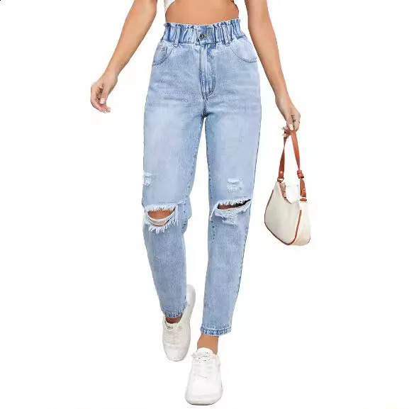 Japan and South Korea Casual Washed Ripped Jeans for Women Spring Summer Straight Nine Minutes of Pants Z260313