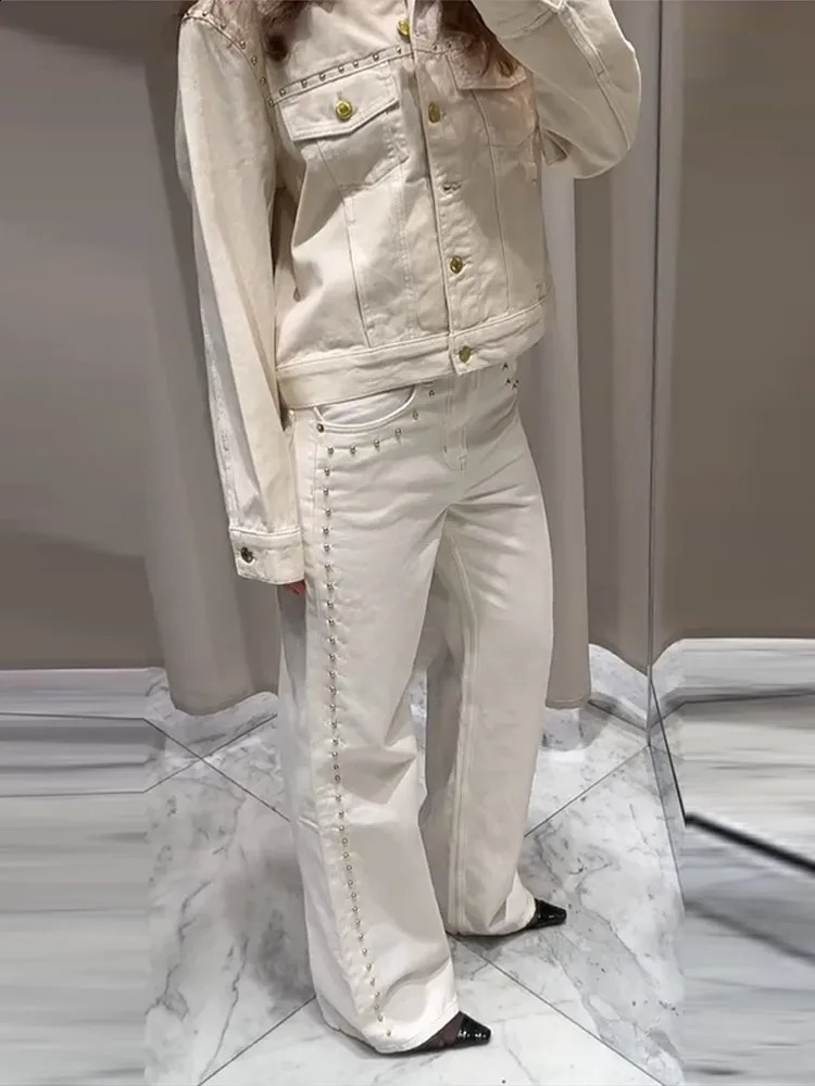 Womens Denim Beaded Jean Vintage High Waisted Pockets Zipper Button Female Streetwear Spring Summer Y2K Lady Trousers Z260313