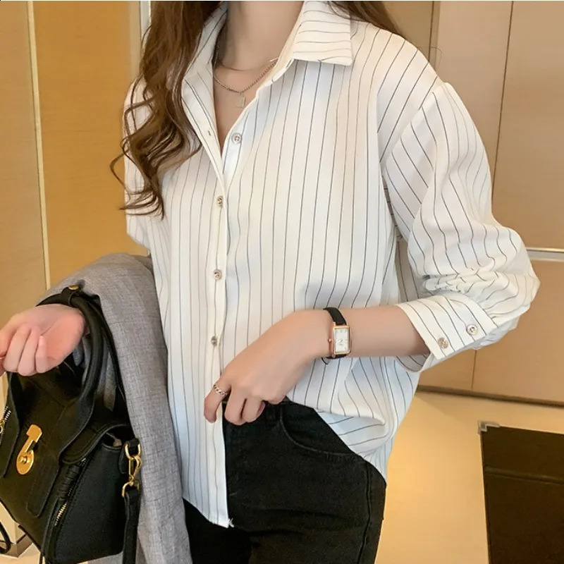 Striped Shirt Women Summer Vintage Chic Loose Blouse Y2K Office Ladies Fashion Casual Turn Down Collar All Match 250823