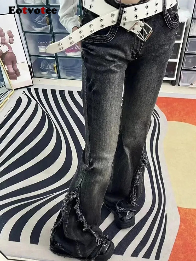 EOTVOTEE American Style Black Washed Flare Jeans Women Y2k Fashion High Waist Straight Pant Casual Wide Leg Z260313